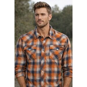 True Religion Mens 2XL 2TG Orange Blue Plaid Western Snap‎ Shirt